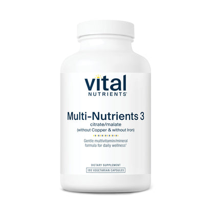 A white bottle labeled "Vital Nutrients Multi-Nutrients 3" with 180 vegetarian capsules, indicating it's a dietary supplement.