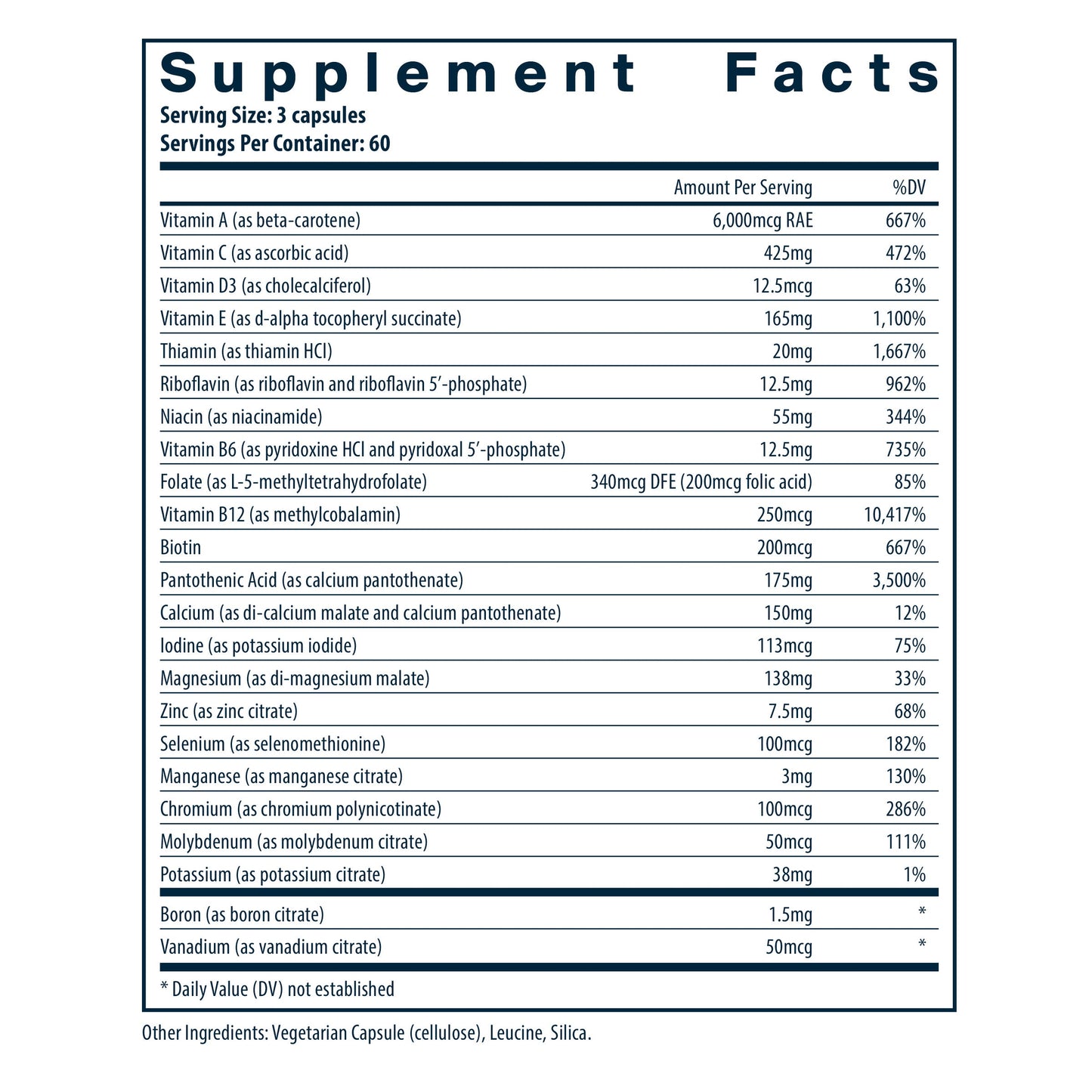 Vital Nutrients Multi-Nutrients 3 Citrate/Malate Formula (without Copper & without Iron) dietary supplement facts.