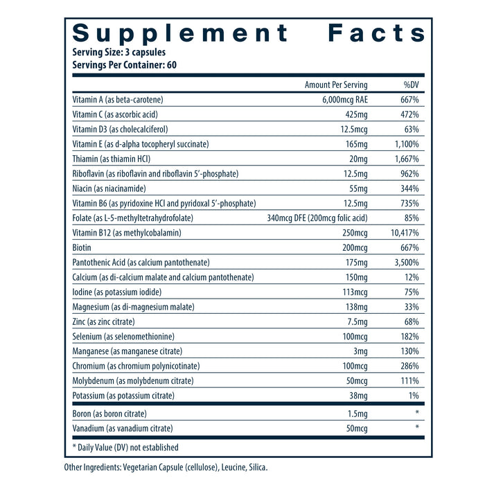 Vital Nutrients Multi-Nutrients 3 Citrate/Malate Formula (without Copper & without Iron) dietary supplement facts.