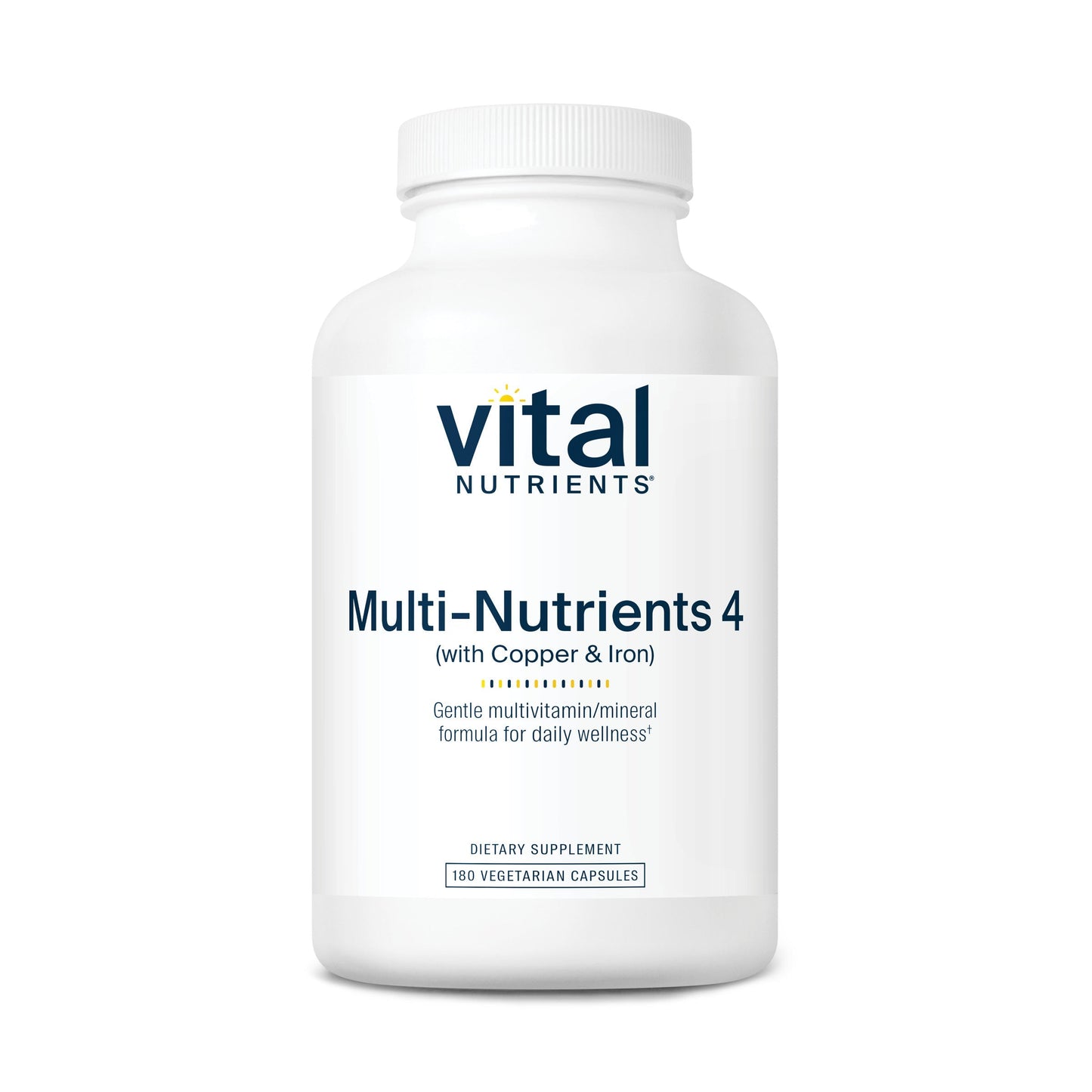 A white bottle labeled "Multi-Nutrients 4" with copper and iron, containing 180 vegetarian capsules.