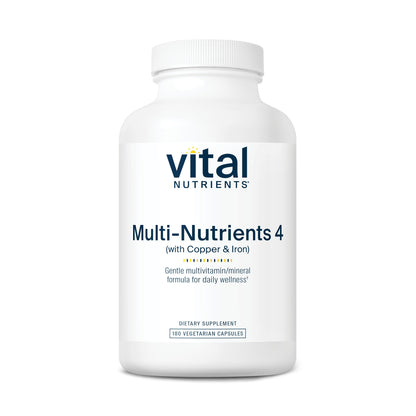 A white bottle labeled "Multi-Nutrients 4" with copper and iron, containing 180 vegetarian capsules.