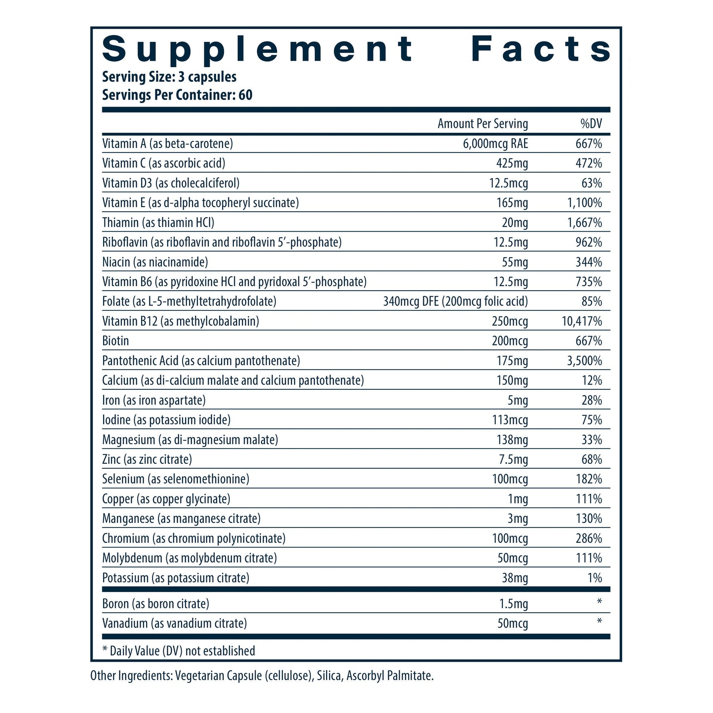 Vital Nutrients Multi-Nutrients 4 Citrate/Malate Formula (with Copper & Iron) dietary supplement facts.