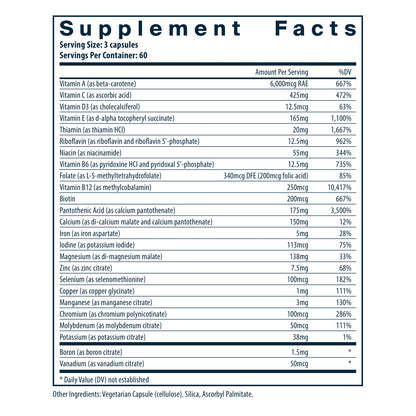 Vital Nutrients Multi-Nutrients 4 Citrate/Malate Formula (with Copper & Iron) dietary supplement facts.