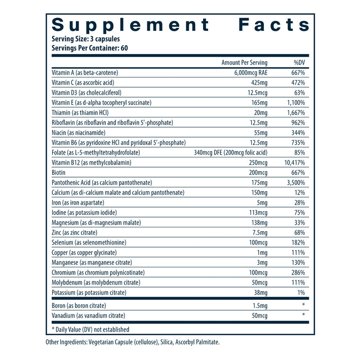 Vital Nutrients Multi-Nutrients 4 Citrate/Malate Formula (with Copper & Iron) dietary supplement facts.