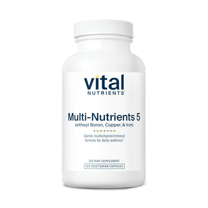 A white bottle labeled "Multi-Nutrients 5" by Vital Nutrients, containing 120 vegetarian capsules.