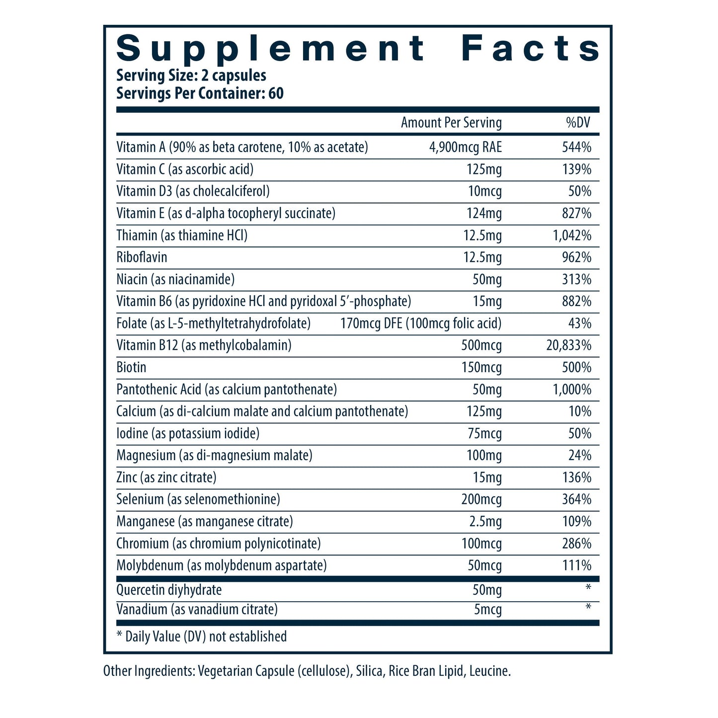 Vital Nutrients Multi-Nutrients 5 Ultra Antioxidant Formula (Boron, Copper, and Iron Free) multivitamin dietary supplement facts.