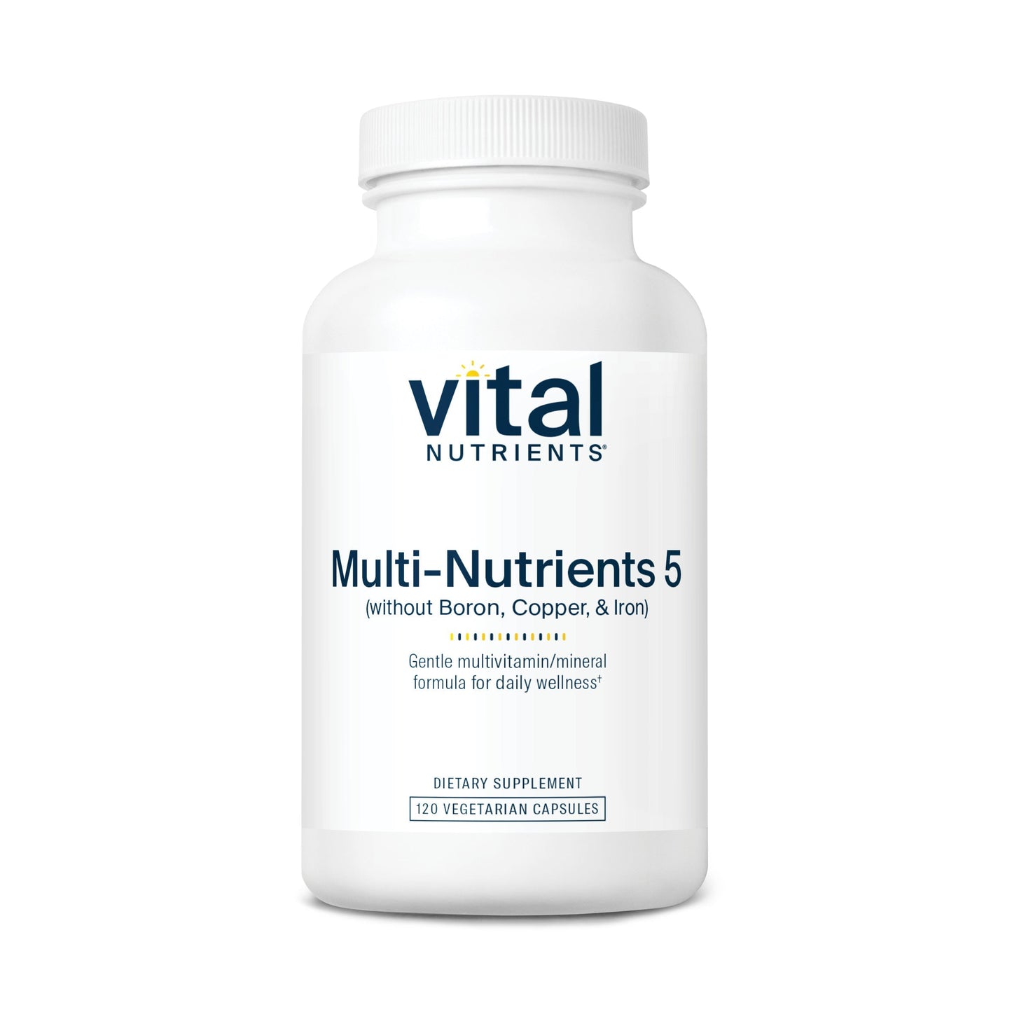 Vital Nutrients Multi-Nutrients 5 Ultra Antioxidant Formula (Boron, Copper, and Iron Free) multivitamin dietary supplement.