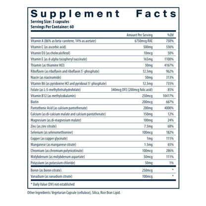Vital Nutrients Multi-Nutrients (No Iron or Iodine) supplement facts.