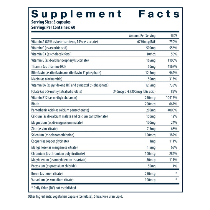 Vital Nutrients Multi-Nutrients (No Iron or Iodine) supplement facts.