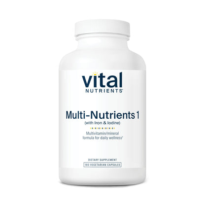 A white bottle labeled "Vital Nutrients Multi-Nutrients 1" with iron and iodine, containing 180 vegetarian capsules.