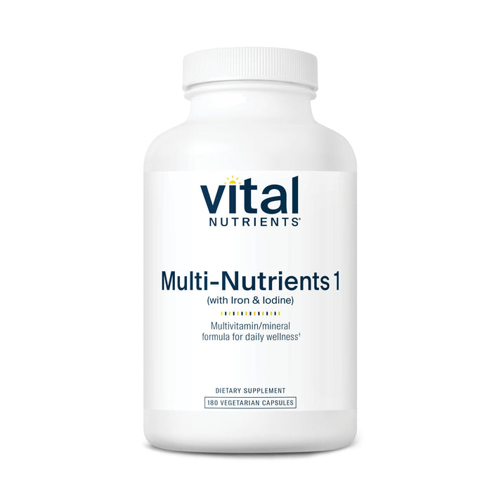 A white bottle labeled "Vital Nutrients Multi-Nutrients 1" with iron and iodine, containing 180 vegetarian capsules.