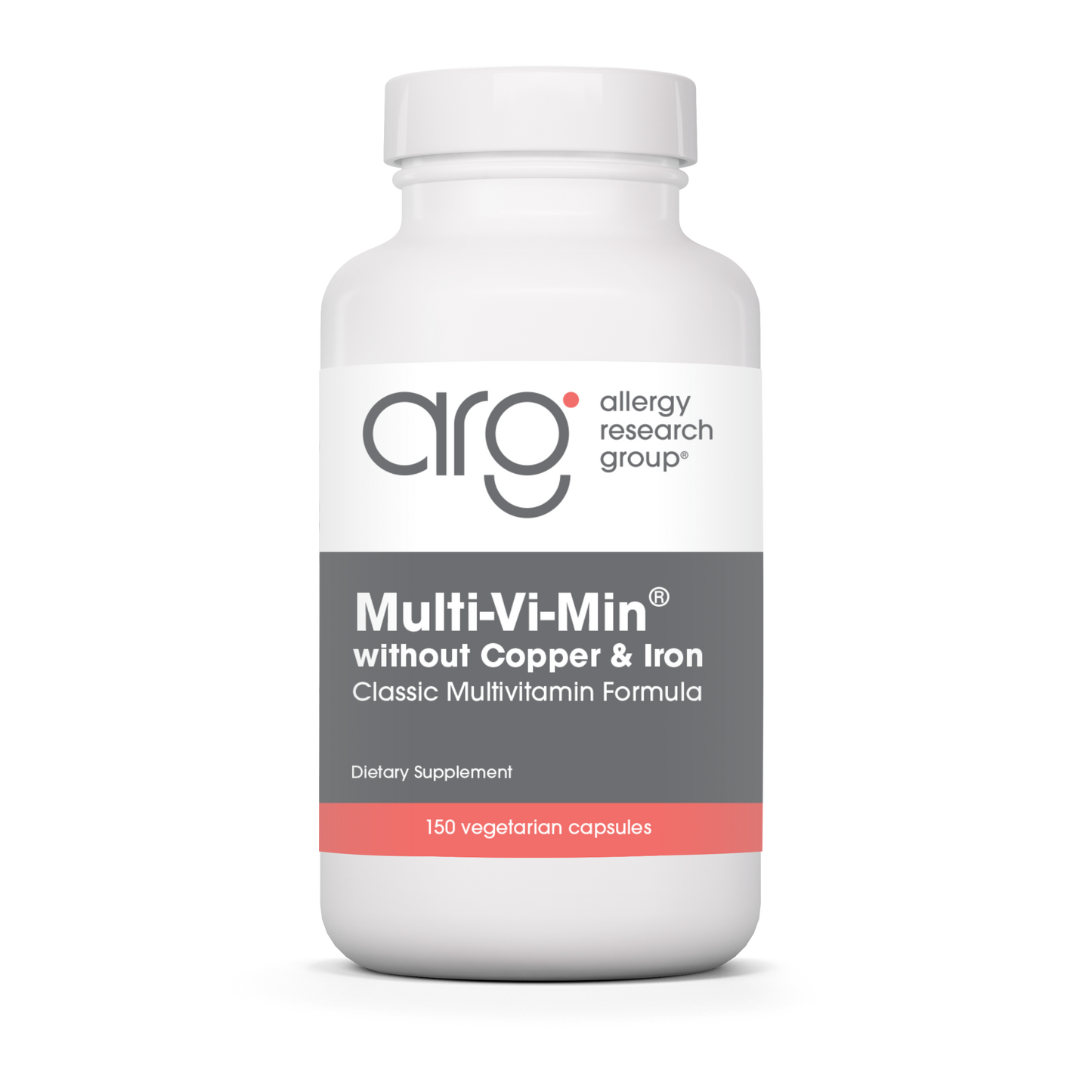 Allergy Research Group Multi-Vi-Min without Copper and Iron multivitamin bottle for foundational daily nutrition and mineral support