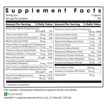 Multi-Vi-Min® without Copper & Iron - supplement fact label with Vitamin A,C,D3,K,B6,B12 and more