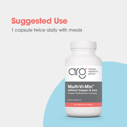 Multi-Vi-Min® without Copper & Iron - suggested use: 1 capsule twice daily with meals