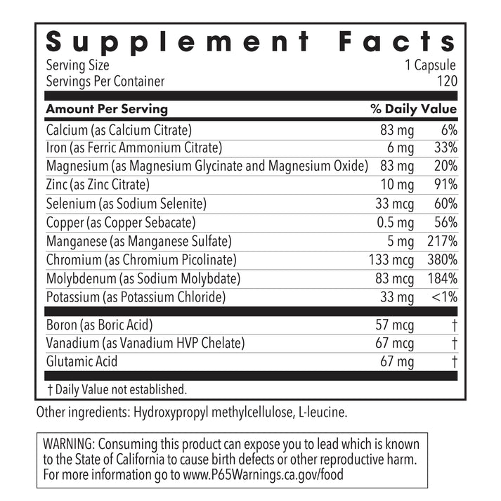 Supplement Facts panel for MultiMin showing essential macro minerals, trace minerals, ultra-trace minerals, and serving information