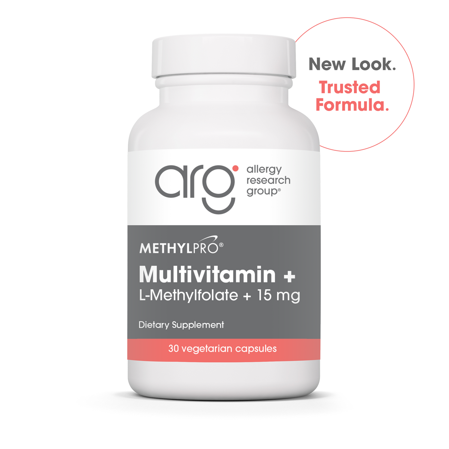 MethylPro Multivitamin bottle with L-Methylfolate 15 mg and New Look Trusted Formula badge