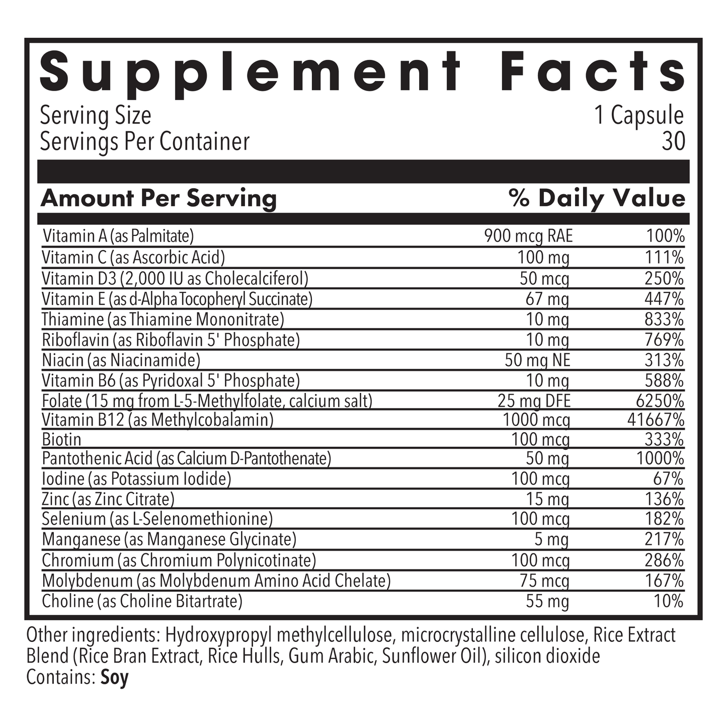 Supplement Facts panel for MethylPro Multivitamin with L-Methylfolate.
