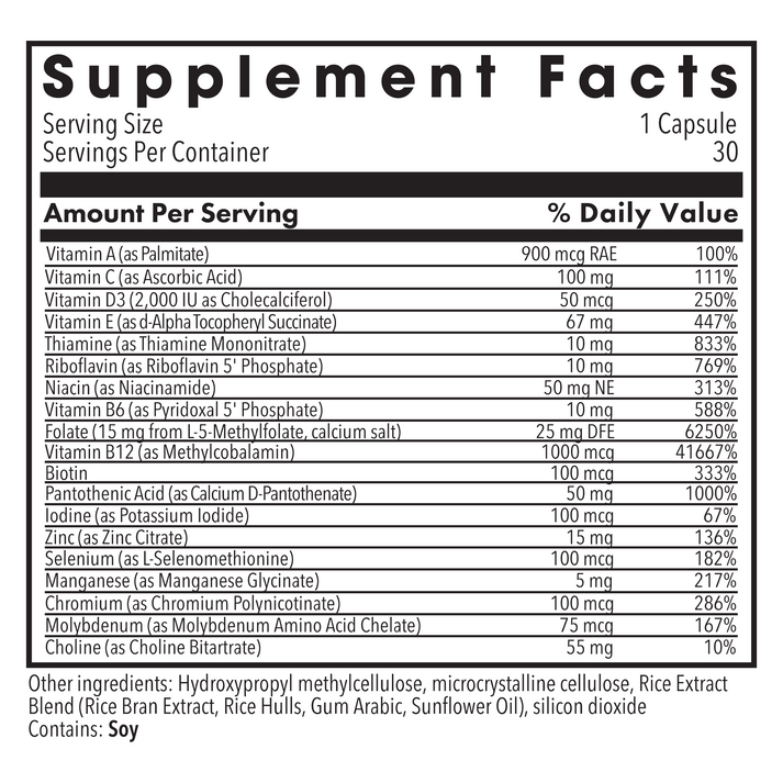Supplement Facts panel for MethylPro Multivitamin with L-Methylfolate.