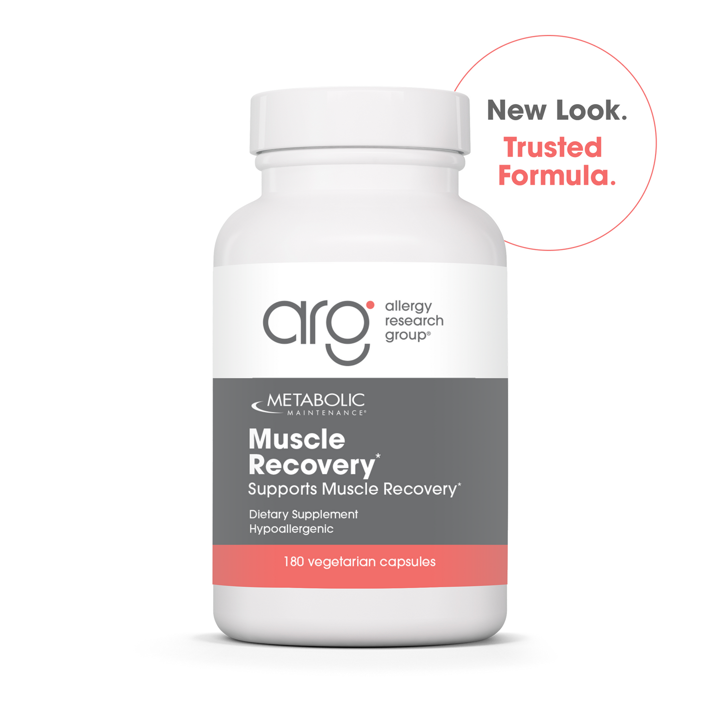 Muscle Recovery dietary supplement bottle with New Look Trusted Formula badge