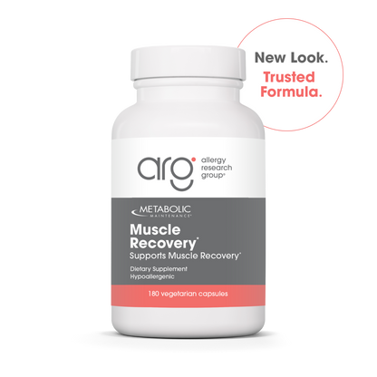 Muscle Recovery dietary supplement bottle with New Look Trusted Formula badge