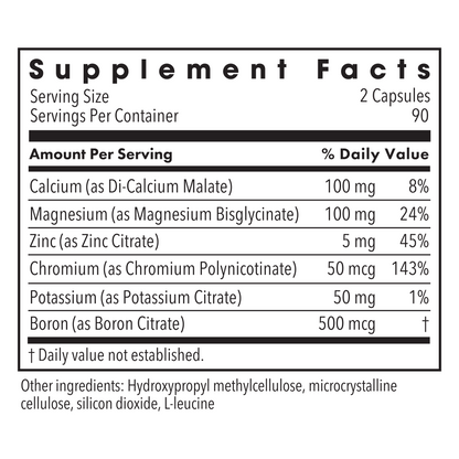 Supplement Facts label for Metabolic Maintenance Muscle Recovery showing minerals per serving