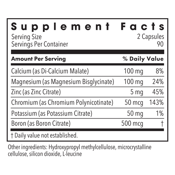 Supplement Facts label for Metabolic Maintenance Muscle Recovery showing minerals per serving