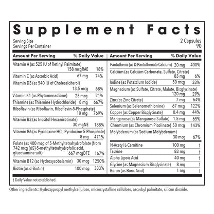 Supplement Facts panel for MVM-A multivitamin with antioxidants showing vitamins, minerals, N-acetyl-L-carnitine, taurine, alpha lipoic acid, and boron