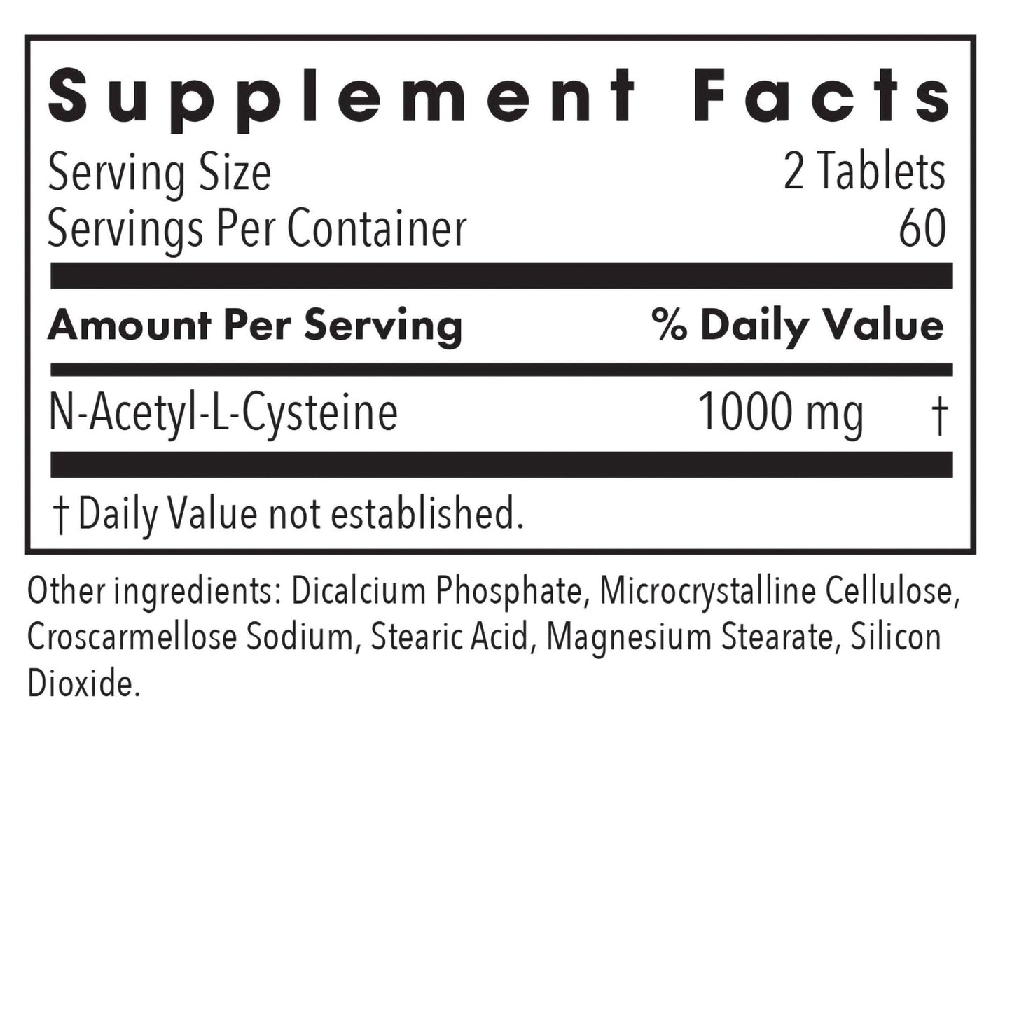 NAC N-Acetyl-L-Cysteine - supplement fact label with N-Acetyl-L-Cysteine