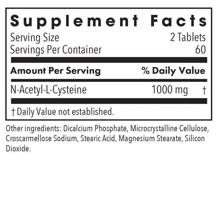 NAC N-Acetyl-L-Cysteine - supplement fact label with N-Acetyl-L-Cysteine