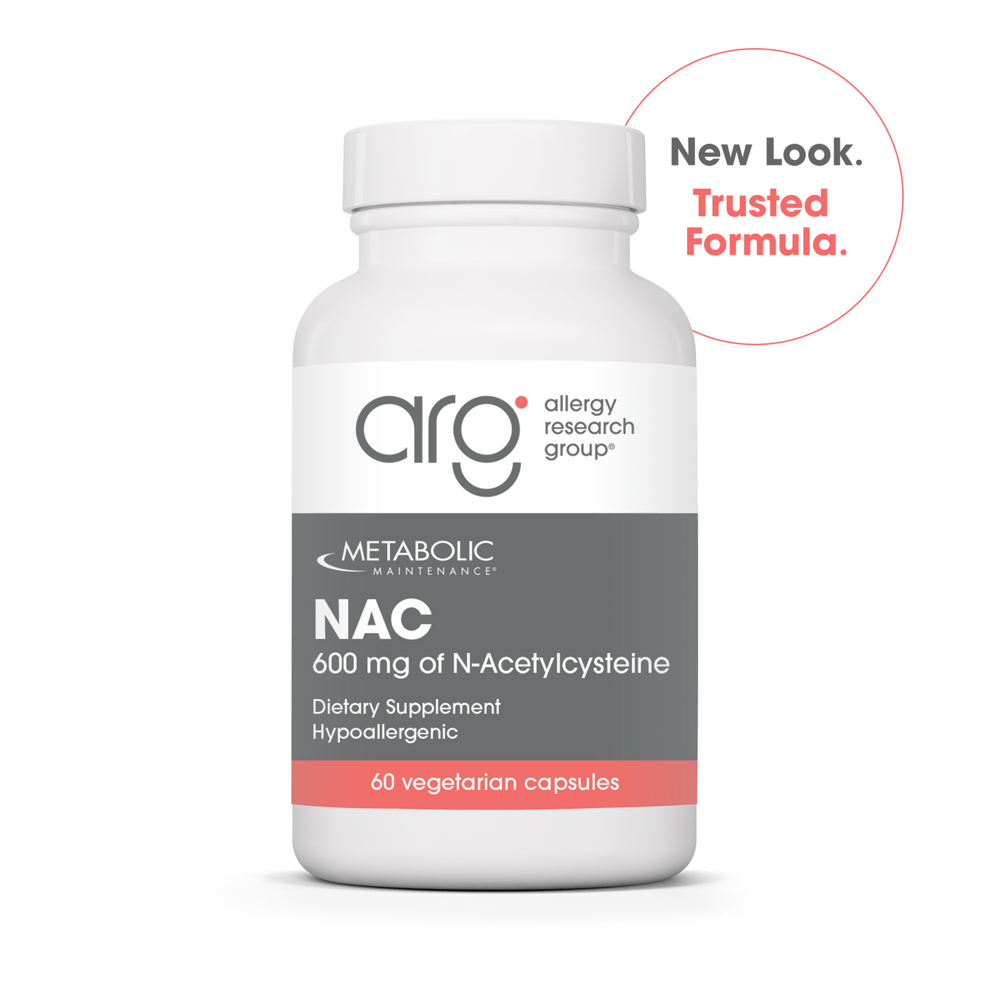 NAC bottle from Metabolic Maintenance with new look and Trusted Formula badge.