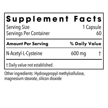 NAC supplement facts panel showing 600 mg per capsule and 60 capsules per bottle