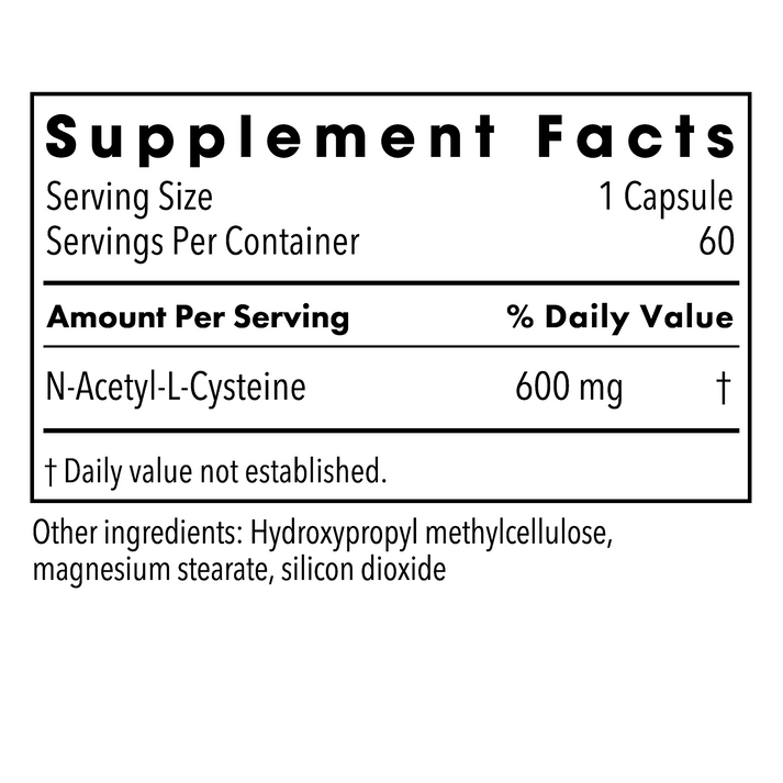 NAC supplement facts panel showing 600 mg per capsule and 60 capsules per bottle
