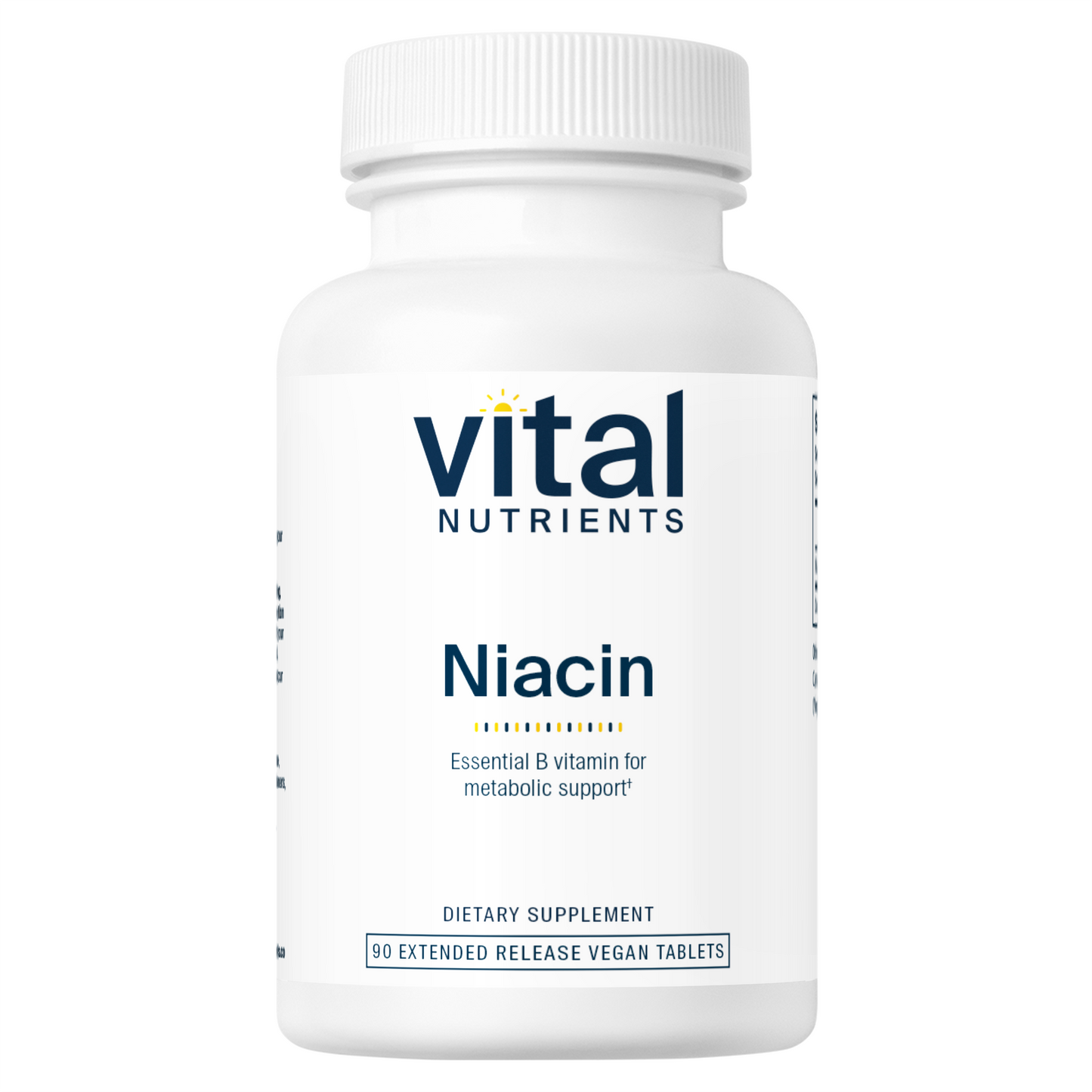 A white bottle labeled "Vital Nutrients Niacin," containing 90 extended-release vegan tablets for metabolic support.