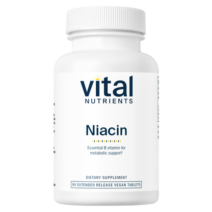 A white bottle labeled "Vital Nutrients Niacin," containing 90 extended-release vegan tablets for metabolic support.