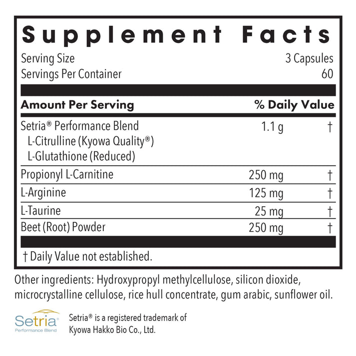 NO Inducers* - supplement fact label with Setria, Propionyl L-Carnitine and more