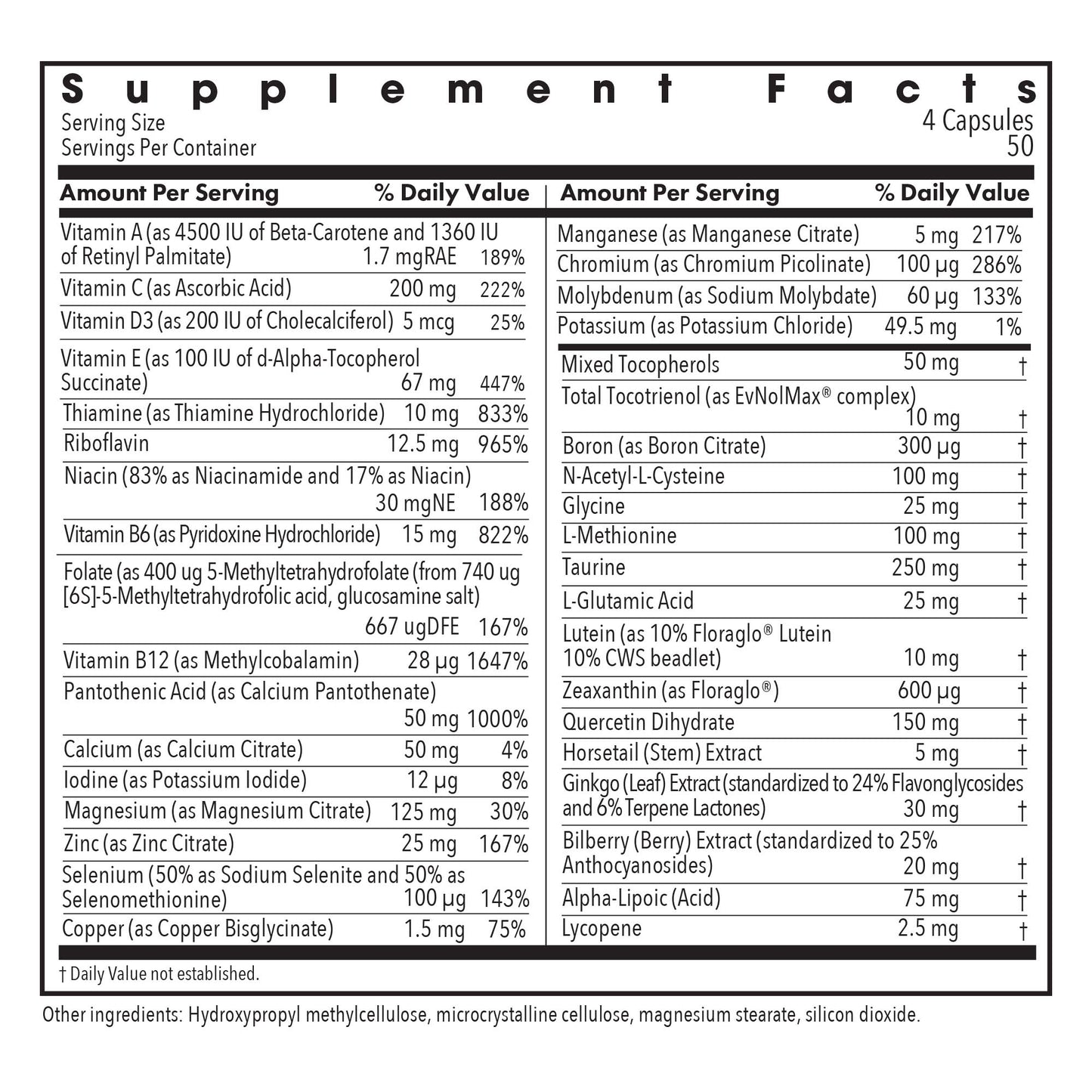 Supplement Facts panel for OcuDyne II showing vitamins, carotenoids, minerals, and botanical ingredients