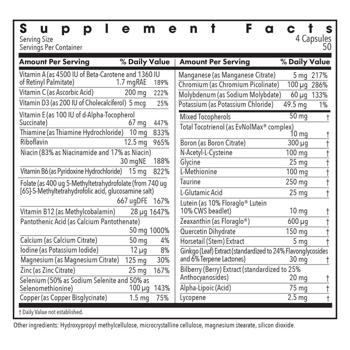 Supplement Facts panel for OcuDyne II showing vitamins, carotenoids, minerals, and botanical ingredients
