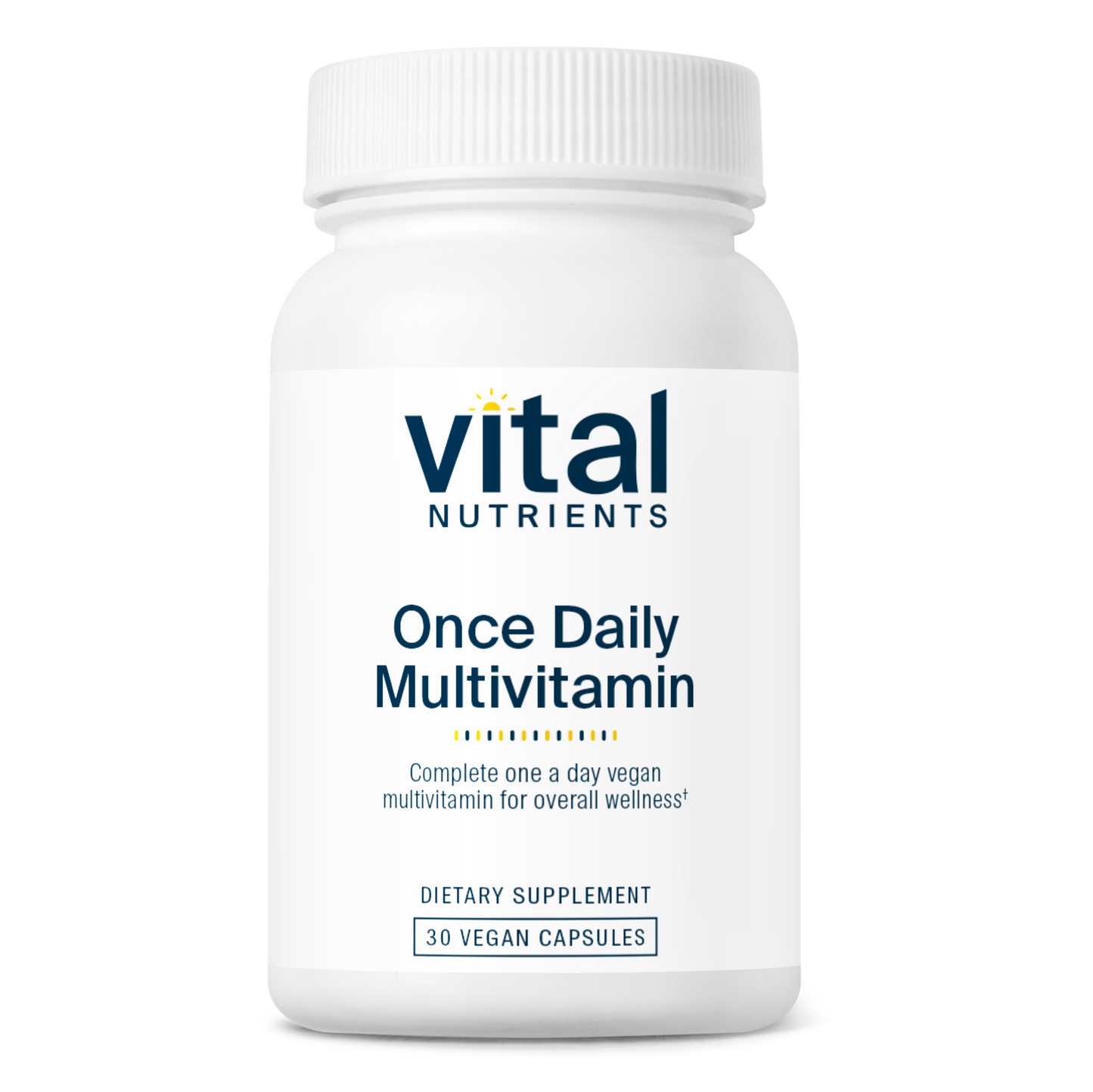 A white bottle labeled "Vital Nutrients Once Daily Multivitamin" with 30 vegan capsules for overall wellness.