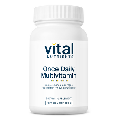 A white bottle labeled "Vital Nutrients Once Daily Multivitamin" with 30 vegan capsules for overall wellness.