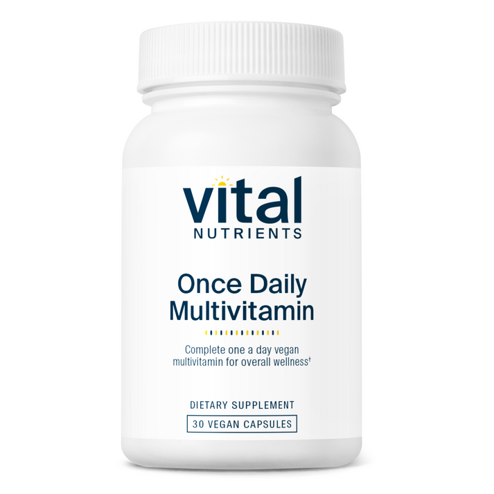 A white bottle labeled "Vital Nutrients Once Daily Multivitamin" with 30 vegan capsules for overall wellness.