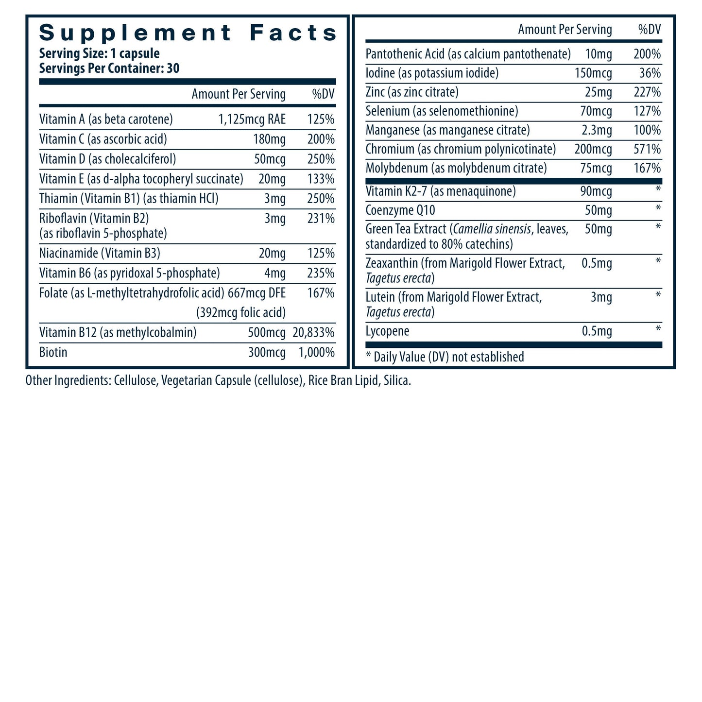 Supplement facts for a dietary capsule, listing vitamins, minerals, and other ingredients with their amounts and daily value percentages.