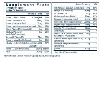 Supplement facts for a dietary capsule, listing vitamins, minerals, and other ingredients with their amounts and daily value percentages.