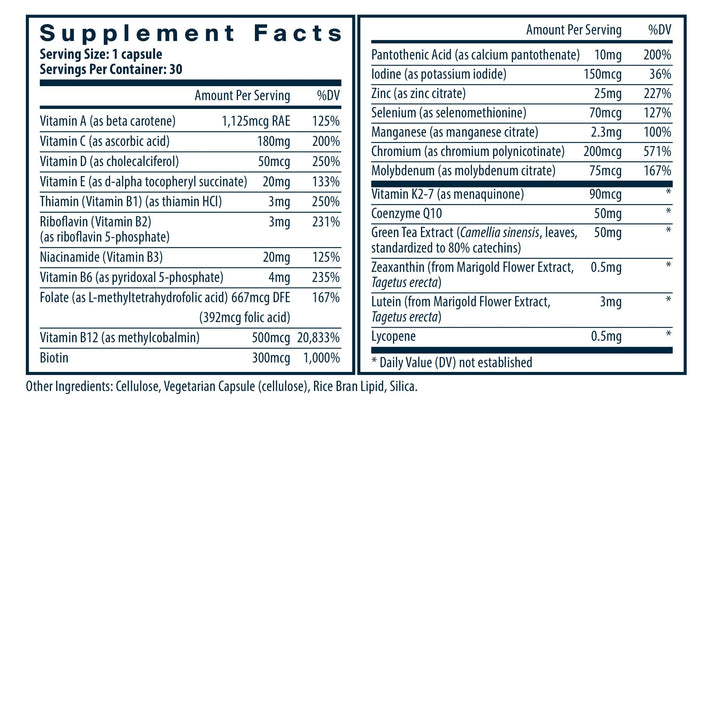 Supplement facts for a dietary capsule, listing vitamins, minerals, and other ingredients with their amounts and daily value percentages.