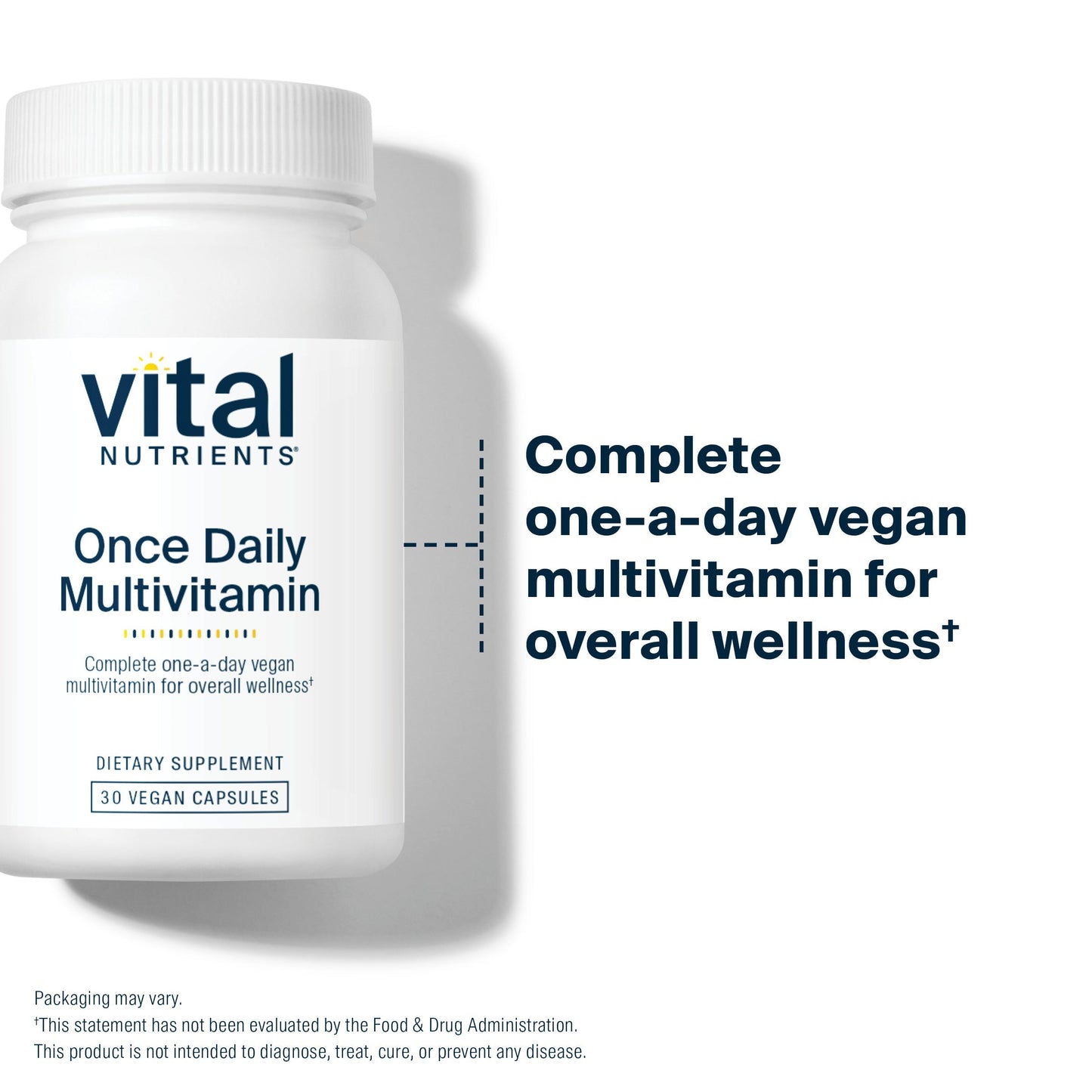 A white bottle labeled "Vital Nutrients Once Daily Multivitamin" with 30 vegan capsules, promoting overall wellness.
