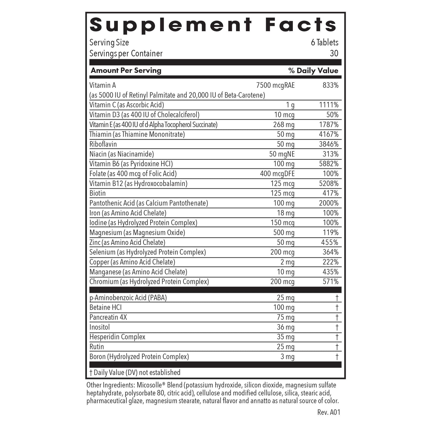 Optimox® Androvite® - supplement fact label with Vitamin A, C, D3, E, B6, Thiamin, Niacin and more
