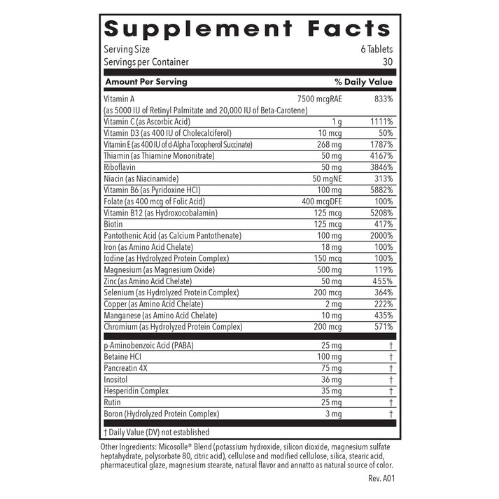 Optimox® Androvite® - supplement fact label with Vitamin A, C, D3, E, B6, Thiamin, Niacin and more