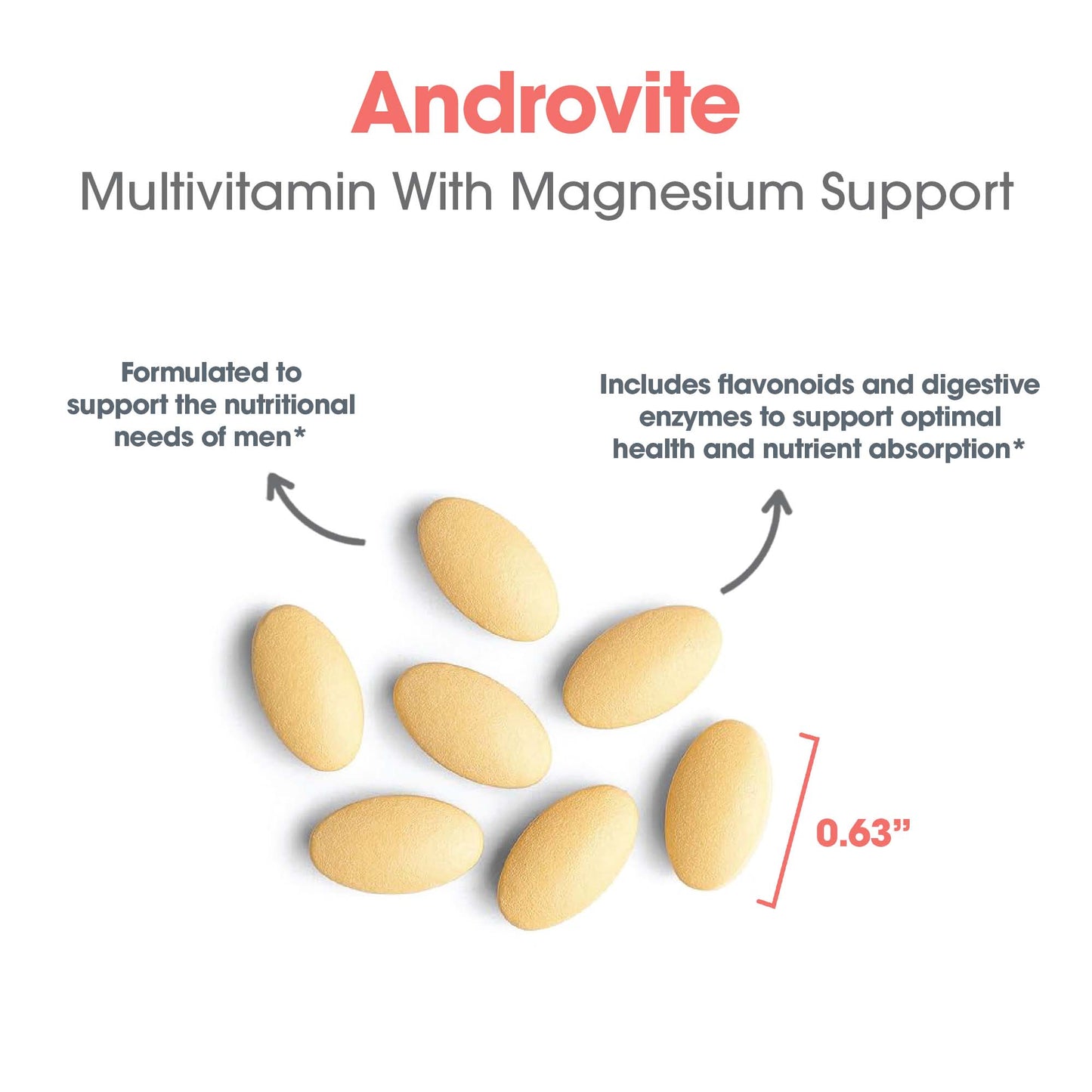 Androvite men's multivitamin suggested use graphic showing six tablets daily with meals
