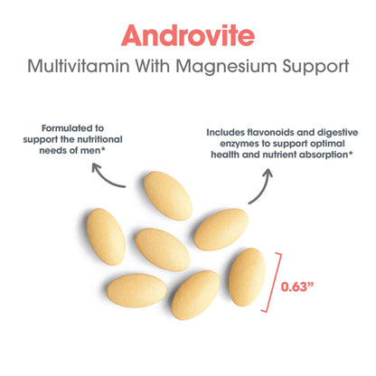 Androvite men's multivitamin suggested use graphic showing six tablets daily with meals