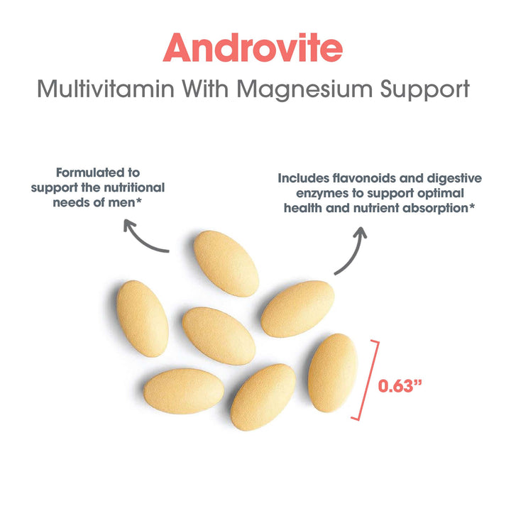 Androvite men's multivitamin suggested use graphic showing six tablets daily with meals