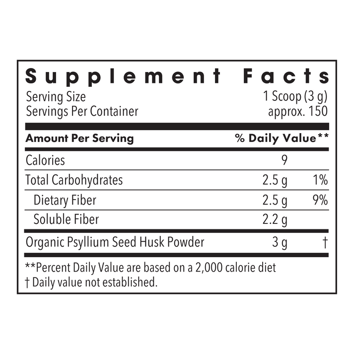 Supplement Facts label for Organic Psyllium Husk Powder showing serving size calories and fiber content